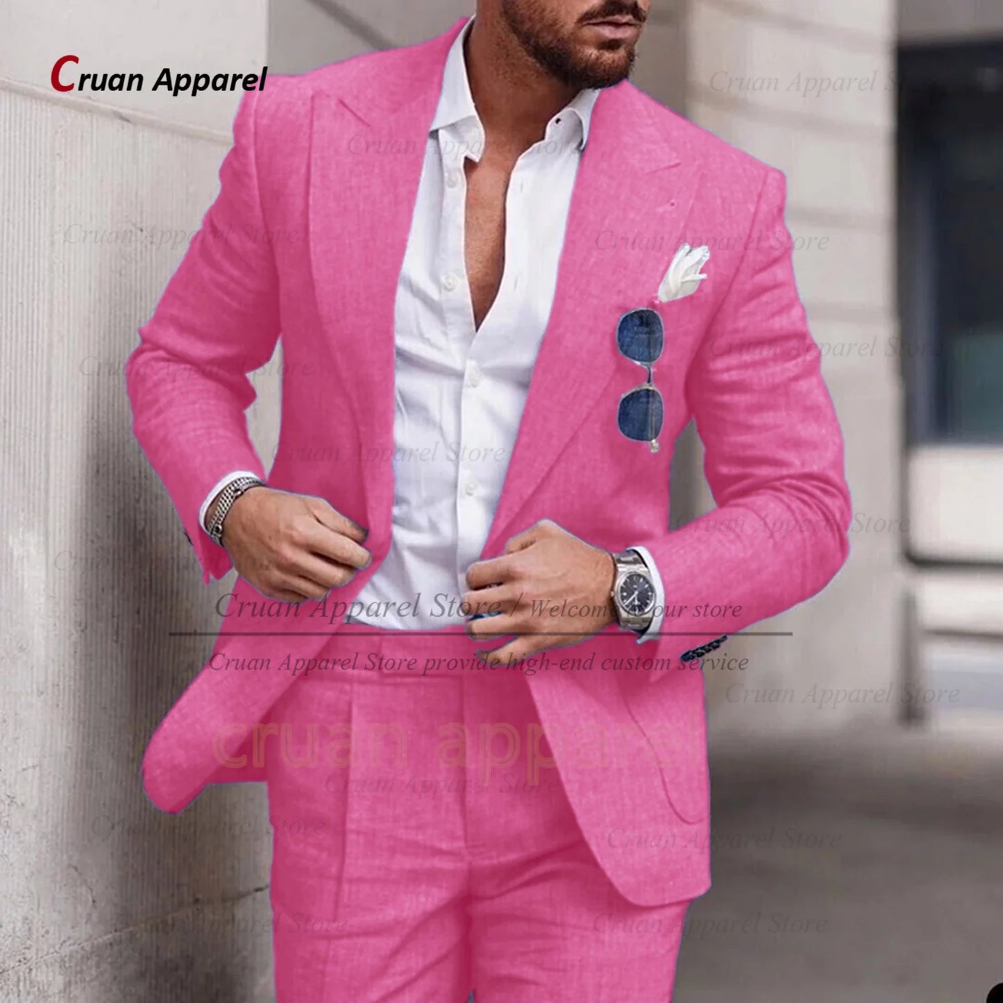 Men's Linen Suit Set With Peaked Lapel Blazer Pants
