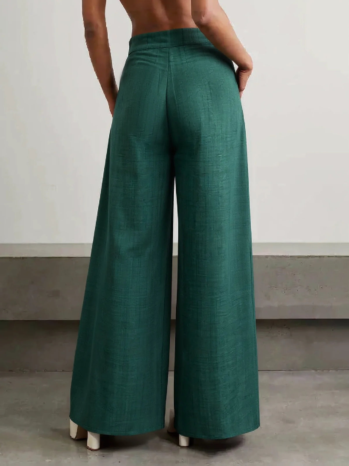 Womens Textured High Waist Wide Leg Trousers With Pockets