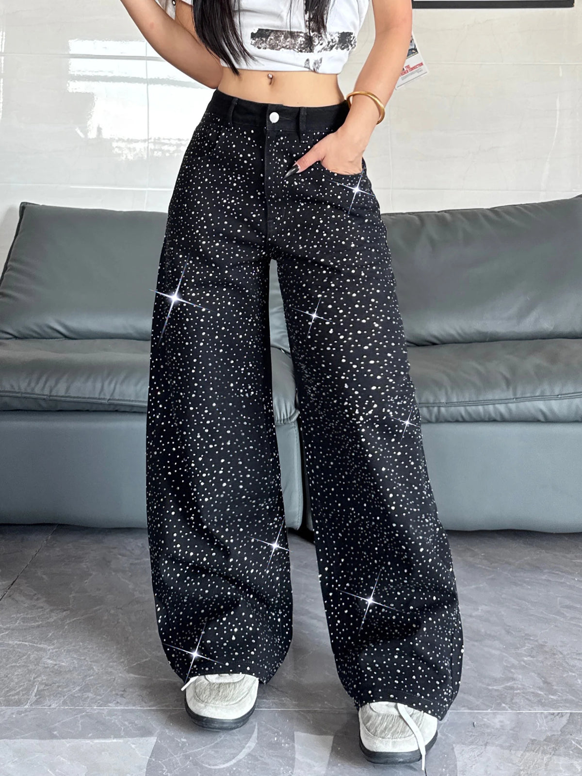 Women's Retro Washed Embroidered Wide-Leg High-Waisted Denim Jeans
