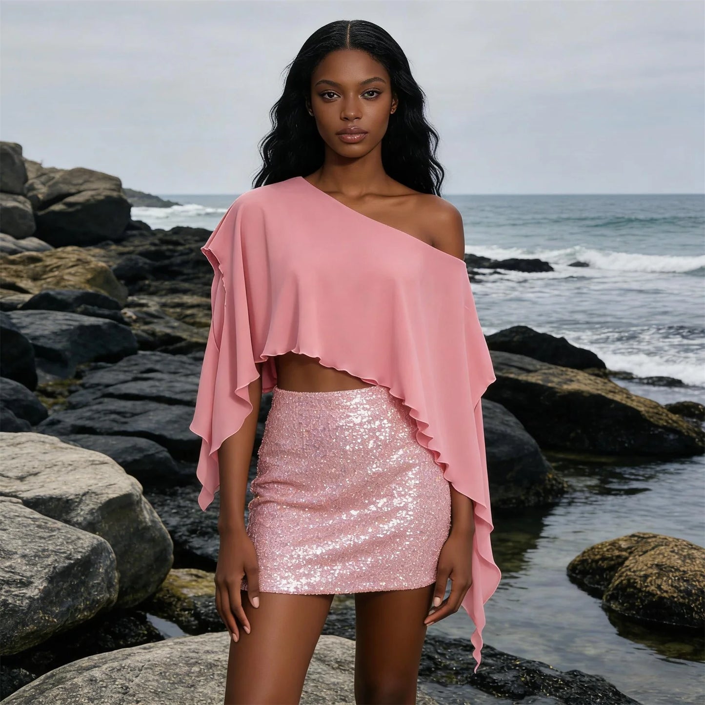 Chiffon Poncho Top Off Shoulder Loose Fit Cover Up Blouse