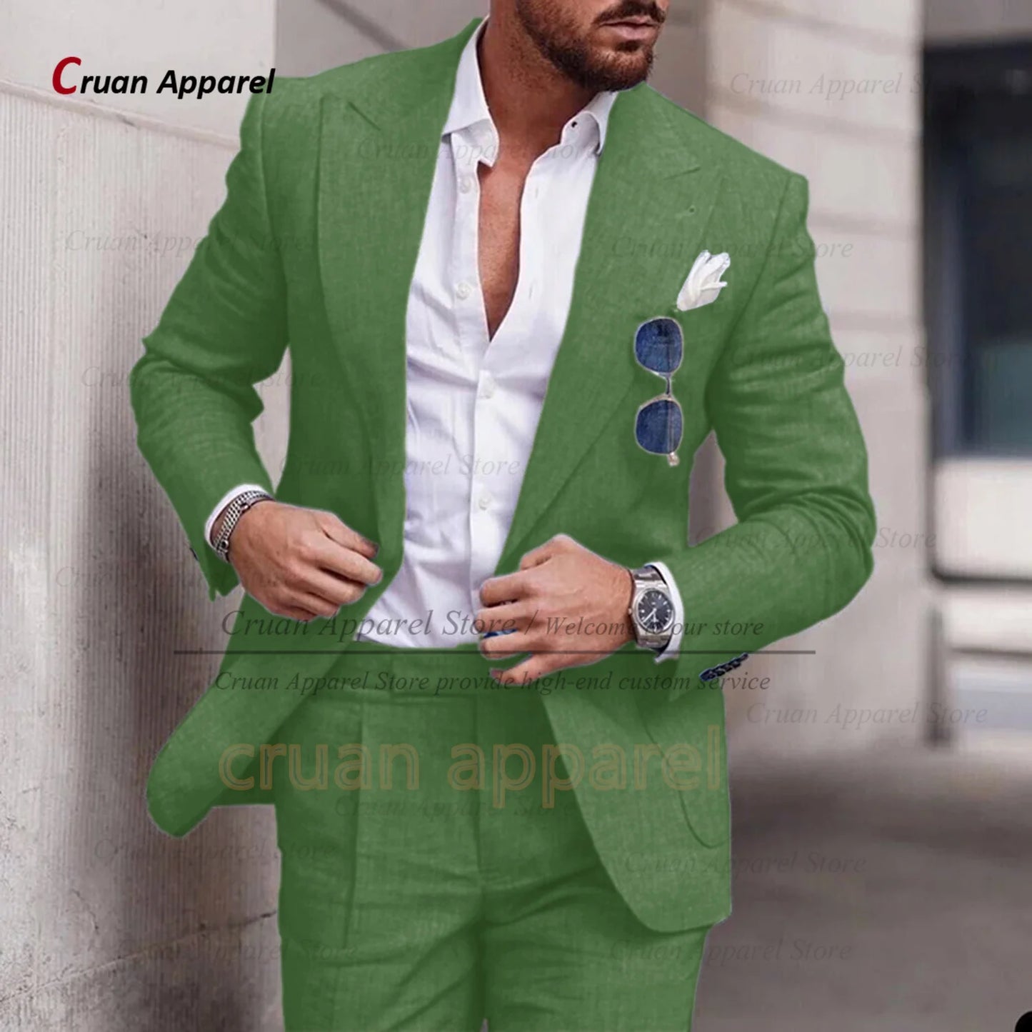 Men's Linen Suit Set With Peaked Lapel Blazer Pants