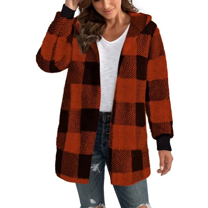 Women's Plaid Fleece Hooded Cardigan Jacket With Patchwork Design