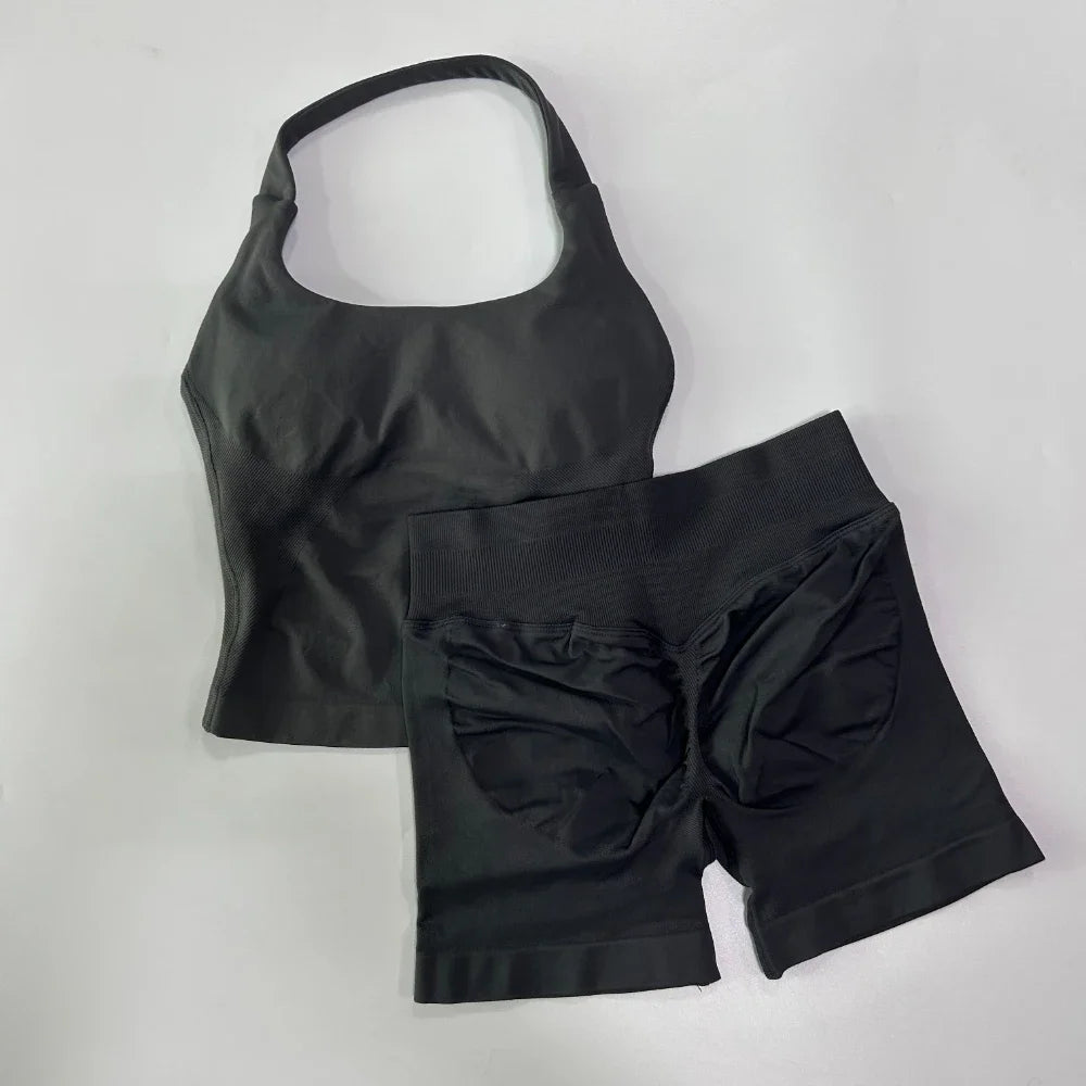 Yoga 2 Piece Seamless Backless Halter With High Waist Shorts
