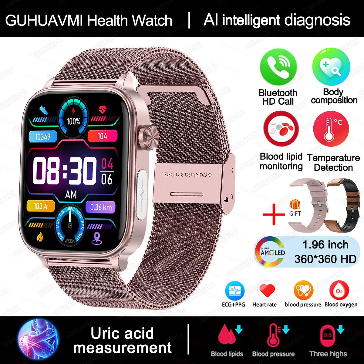 ECG PPG Smart Watch Health Tracker Blood Pressure Lipids
