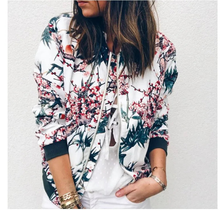 Women's Floral Zipper Bomber Jacket for Elegant Office Wear