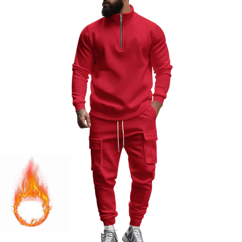 2024 autumn and winter men's casual velvet warm zipper sports trousers set