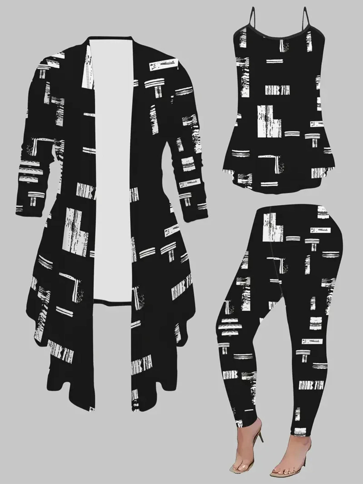 Womens Long Sleeve Geometric Three Piece Cardigan Cami Pants Set