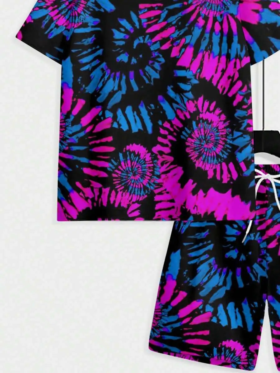 Mens Tie-Dye Two-Piece Short Sleeve Tee And Shorts Set