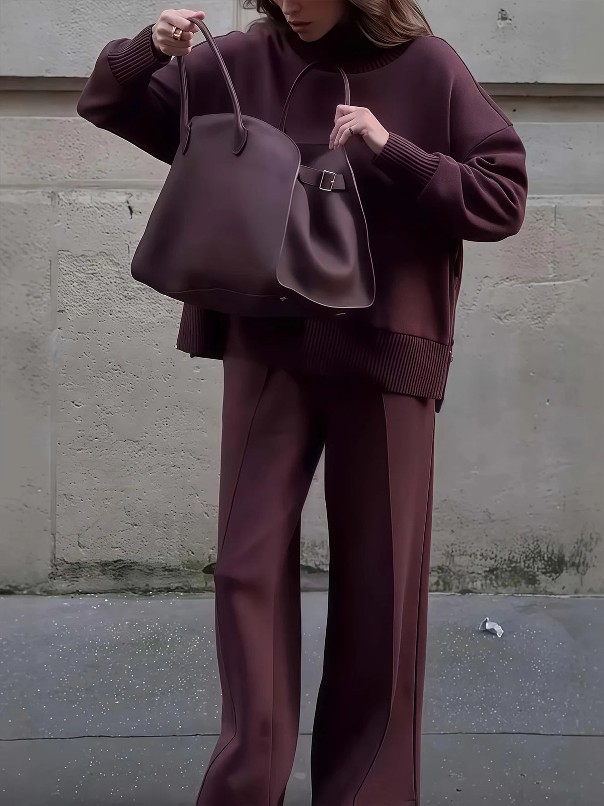 Women's Velvet Two Piece Suit With Turtleneck Sweatshirt And Wide Leg Pants
