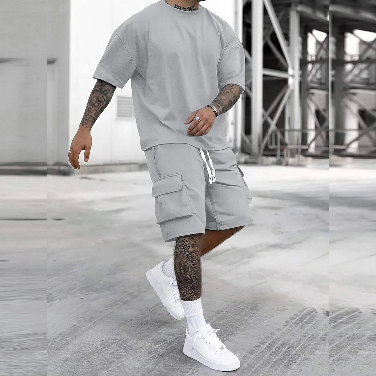 Mens Multi Pocket Cargo Pants And Short Sleeve Tee Set