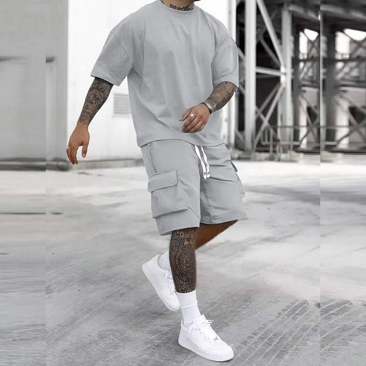 Mens Multi Pocket Cargo Pants And Short Sleeve Tee Set