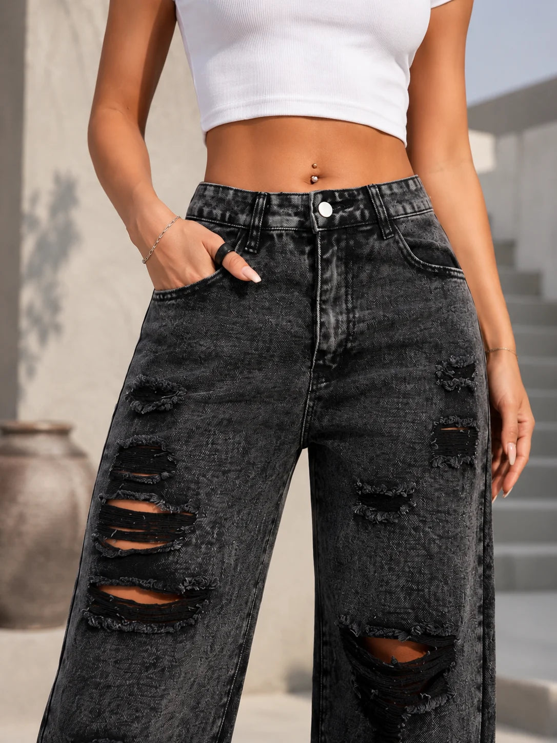 Women High Waist Straight Leg Jeans With Side Slit Pockets