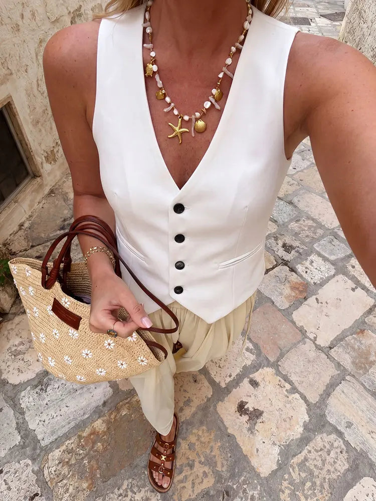 HH Women Fitted Solid Vest Top V Neck Button Streetwear
