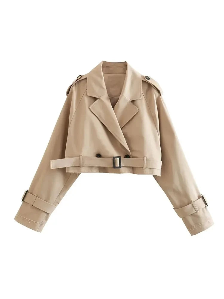 Nlzgmsj Belt Cropped Trench Coat Women Double Breasted Outerwear
