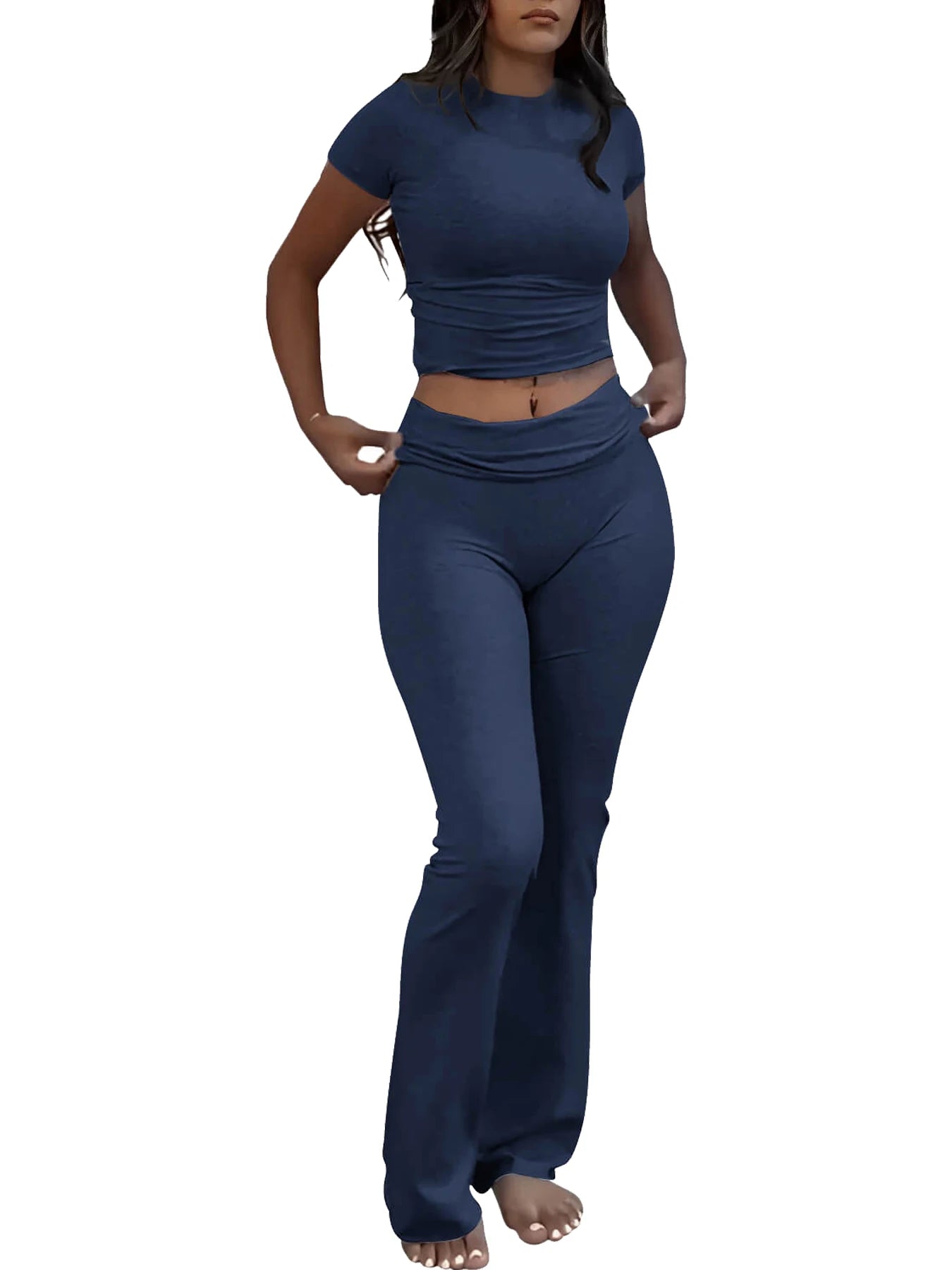 Women's Two Piece Yoga Set Short Sleeve Flared Pants