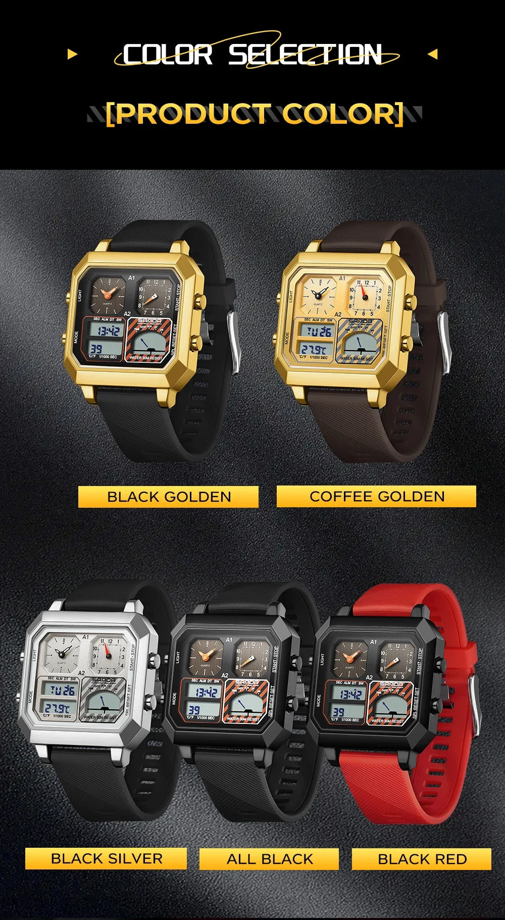 Sanda Men Electronic Watch With Temperature Gauge And Steel Case