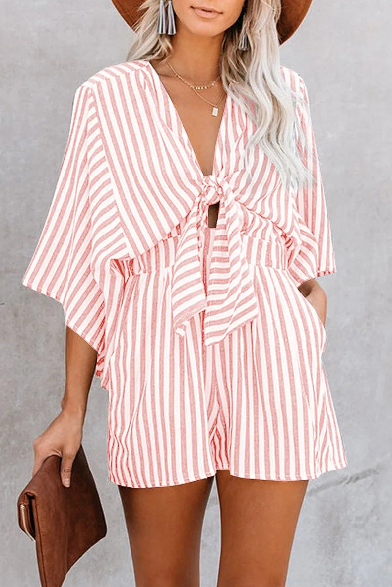 Women Striped Jumpsuit With Deep V Neck And Flared Sleeves