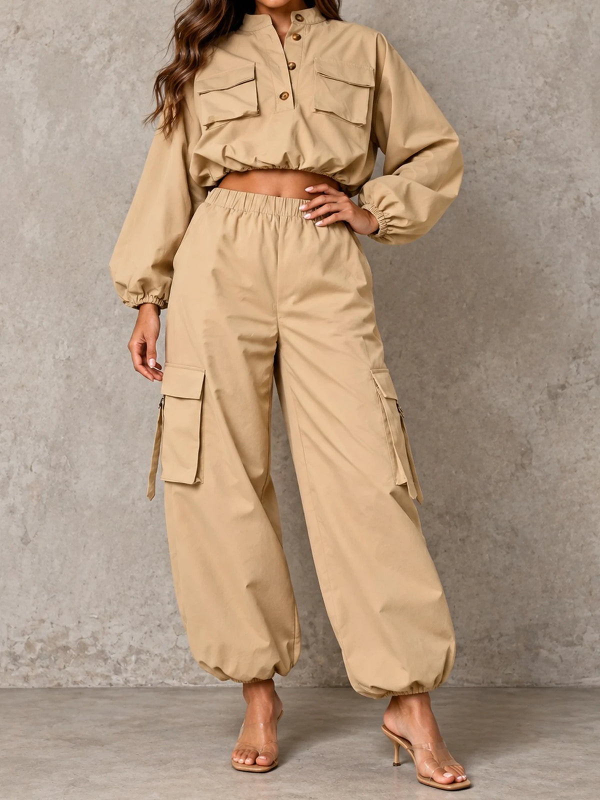 Women's Long Sleeve Top And Cargo Jogger Pants Two Piece Set