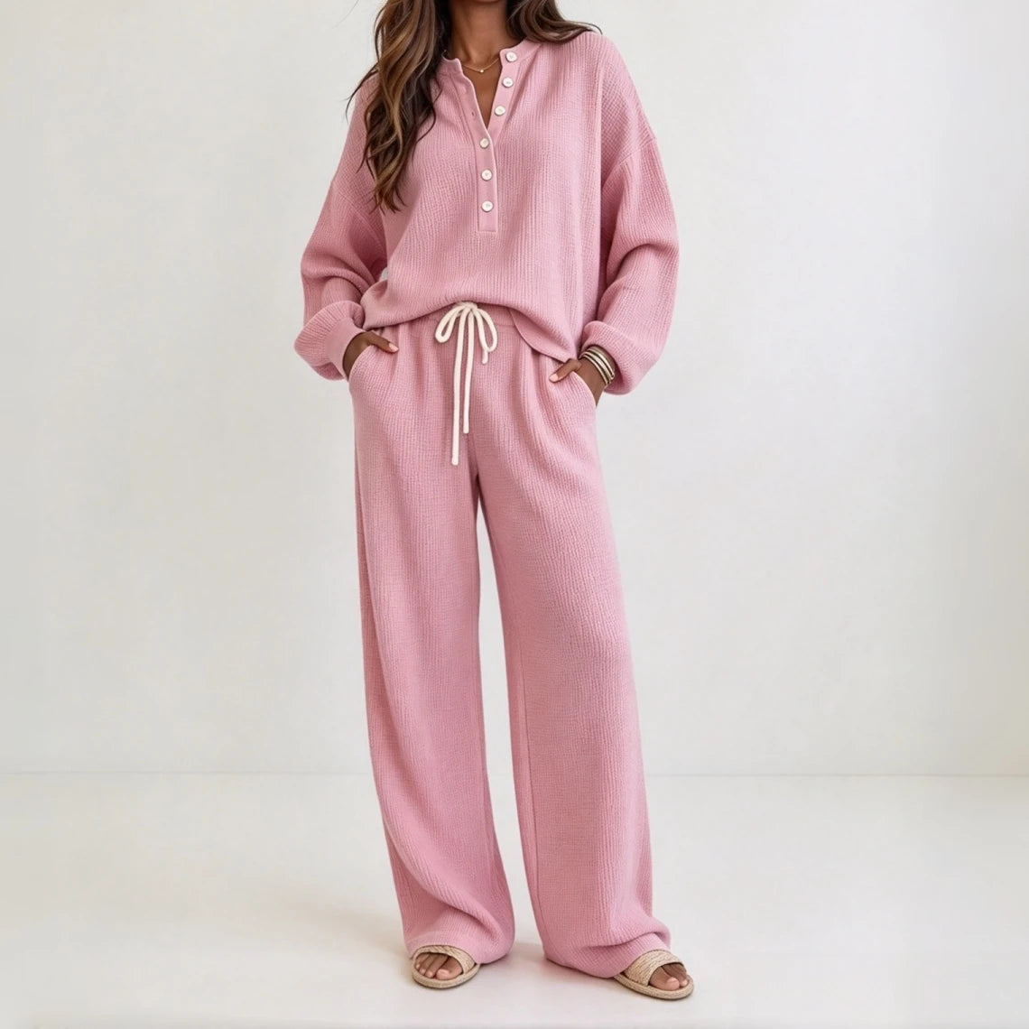 SCACTO Women's Waffle Knit Henley Lounge Set And Wide-Leg Pants