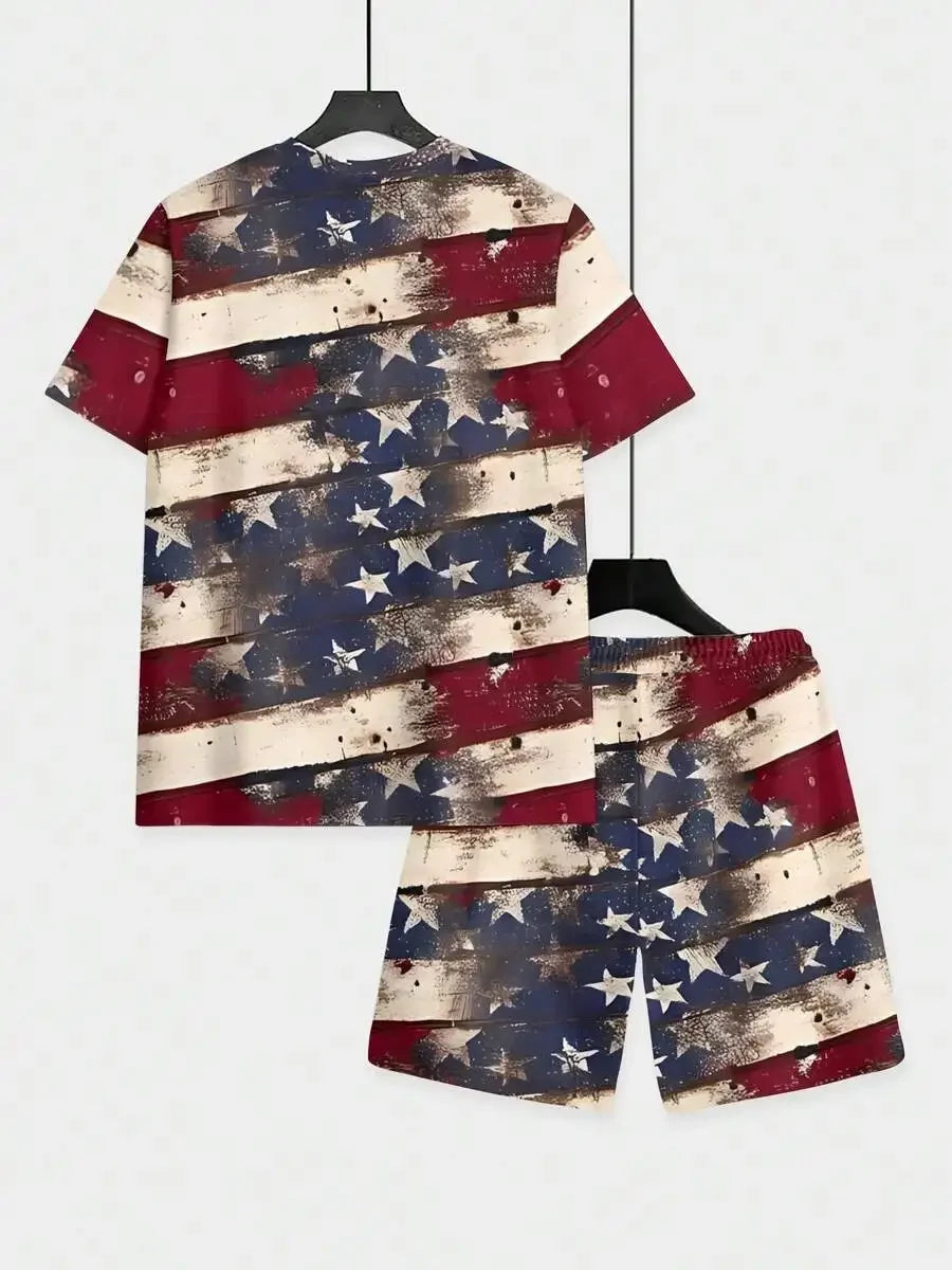 Vintage USA Flag Print Short Sleeve Tee And Shorts Set