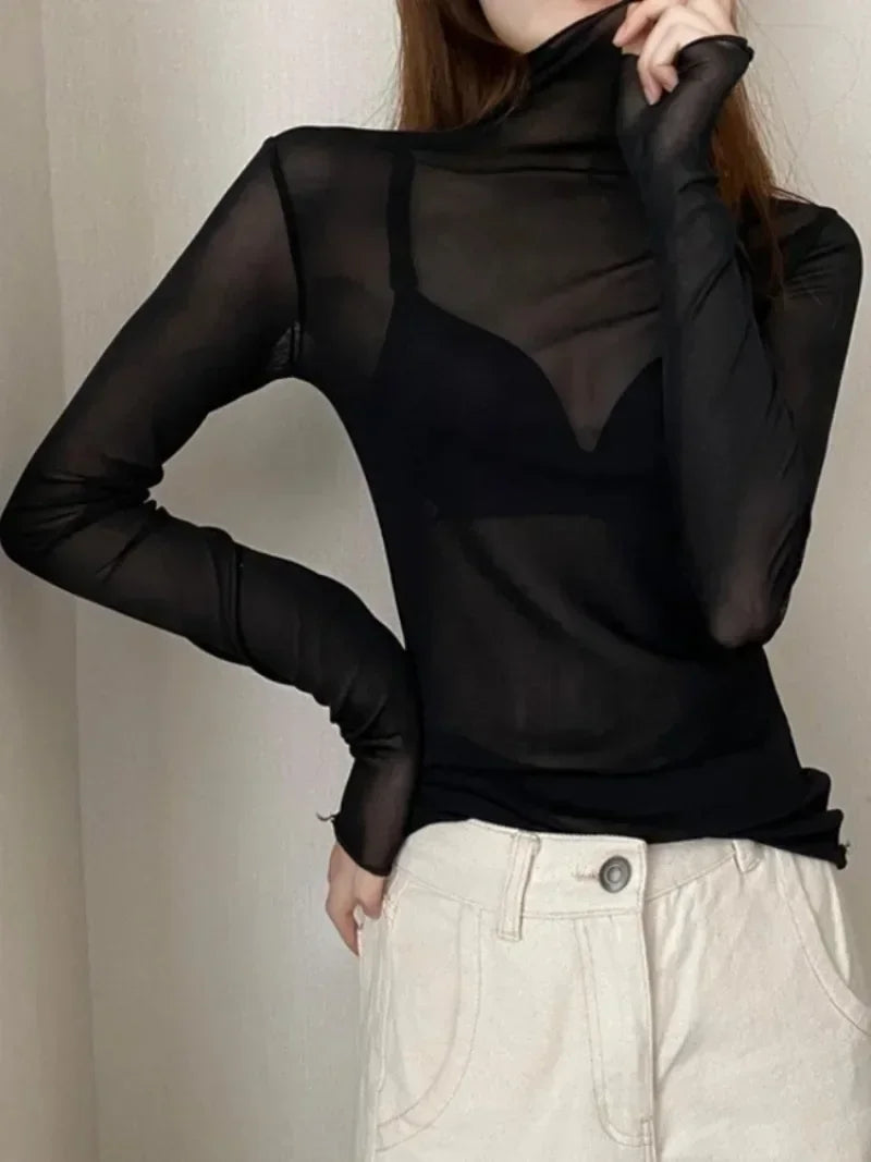 TDFunlive High Neck Lace Blouse See Through Long Sleeve