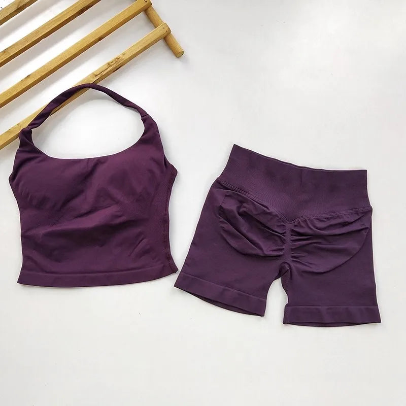 Yoga 2 Piece Seamless Backless Halter With High Waist Shorts