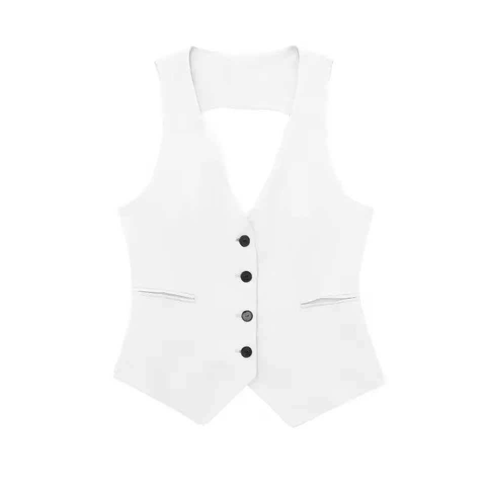 HH Women Fitted Solid Vest Top V Neck Button Streetwear
