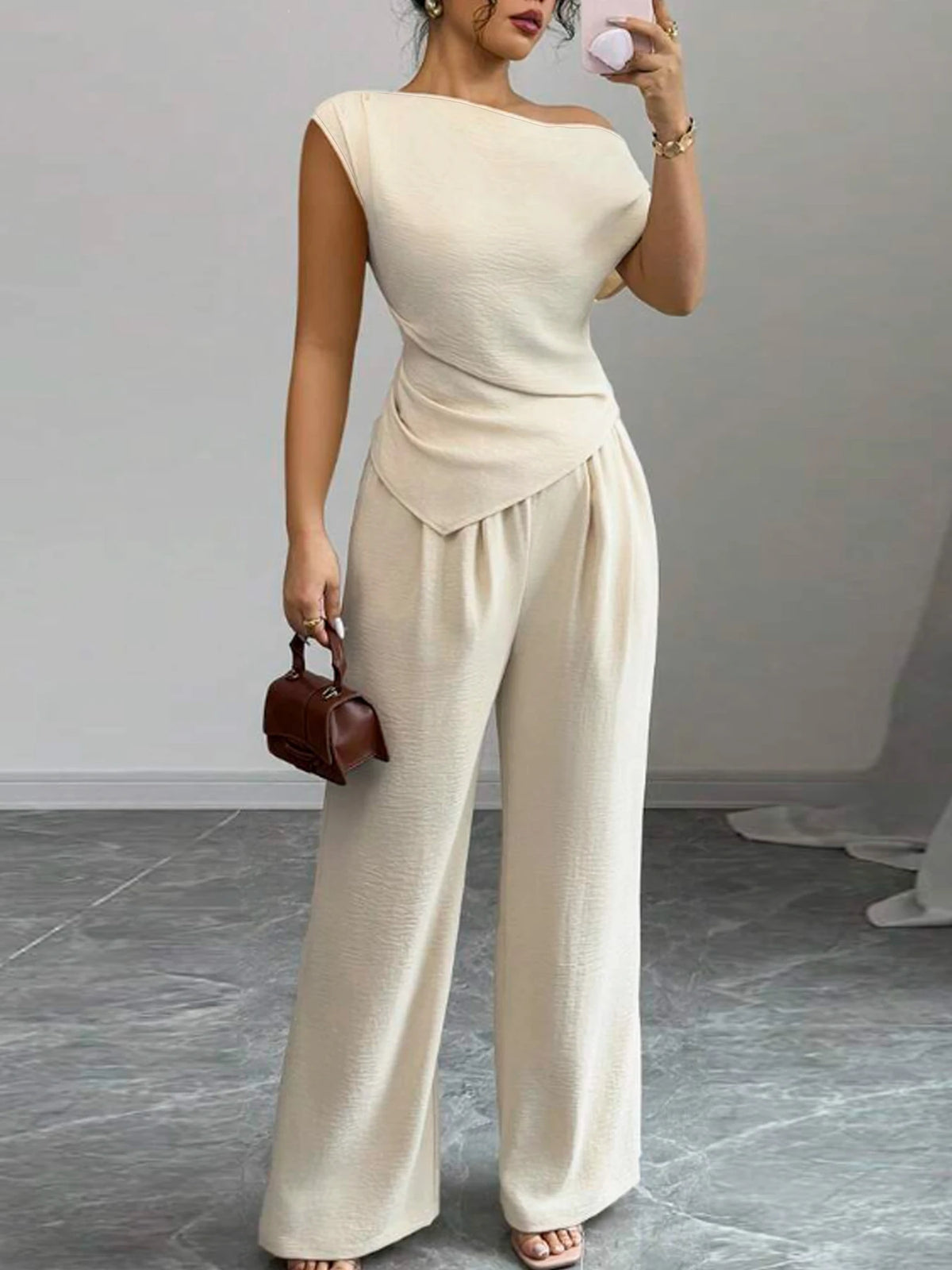 Ladies Asymmetric Top And Wide Leg Pants Two Piece Set