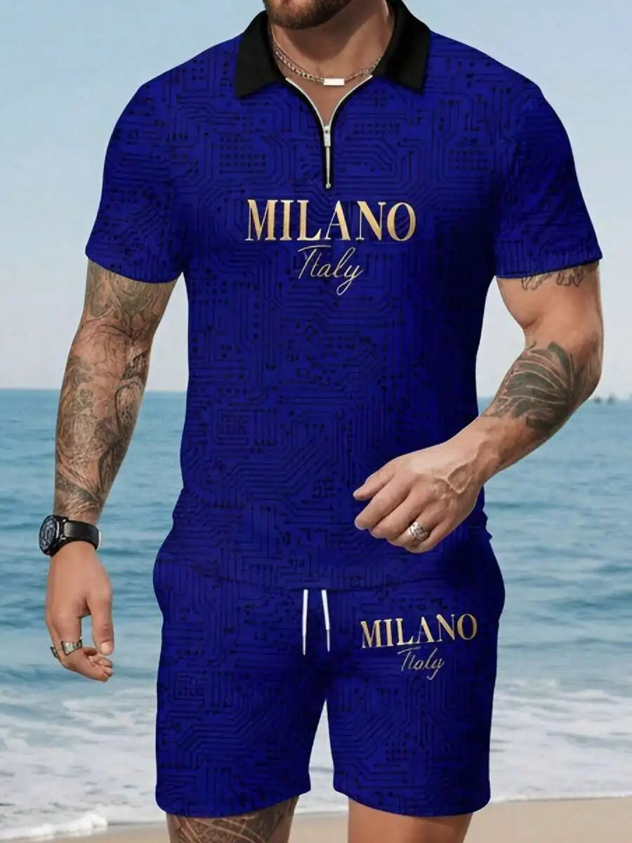 Men's Circuit Pattern Zippered Shirt and Drawstring Shorts Set