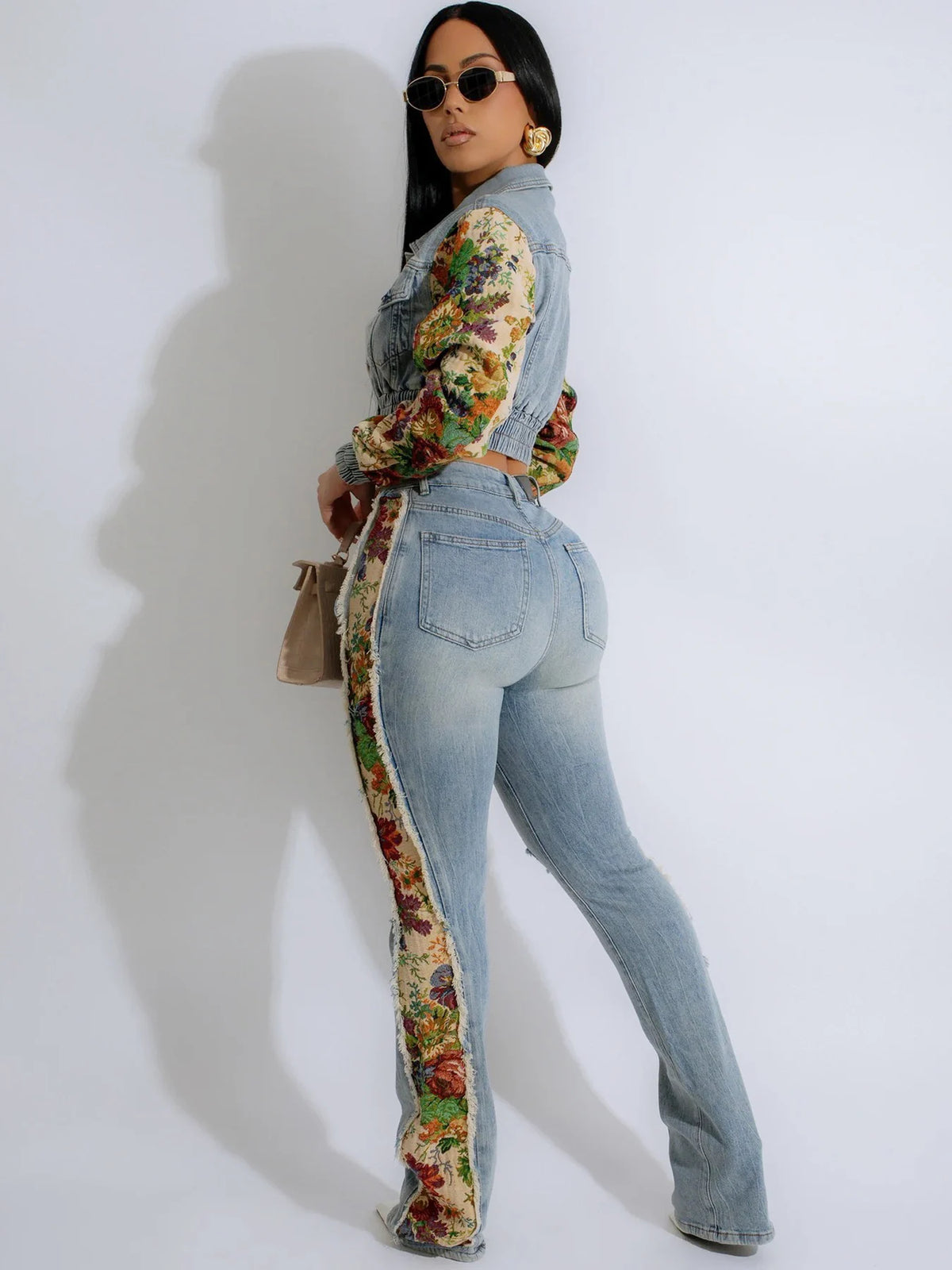 Women's Retro Denim Patchwork Two Piece Jacket And Jeans Set