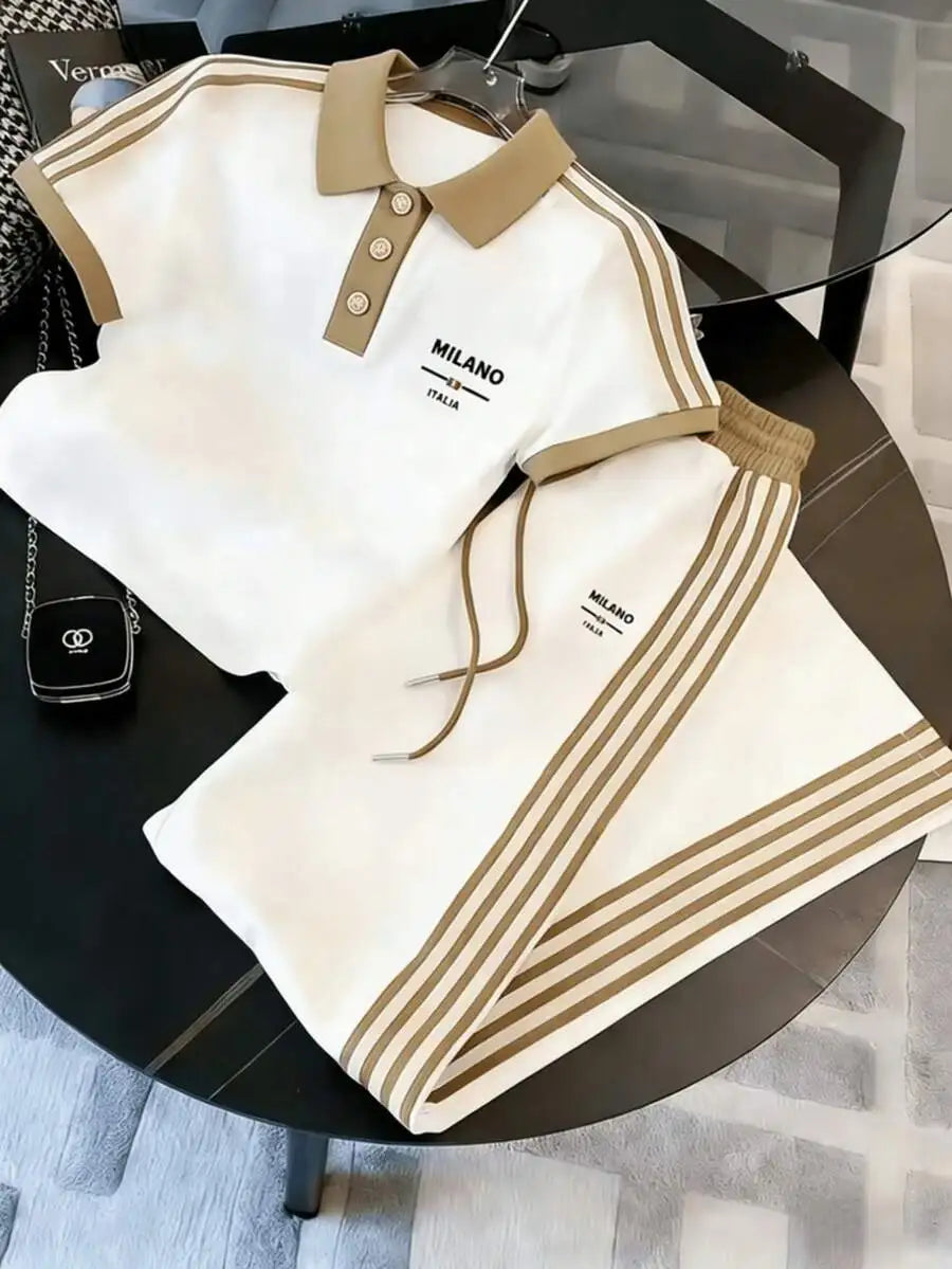 Mens Striped Polo Co-ords Set Casual Knit Cuban Collar Ensemble
