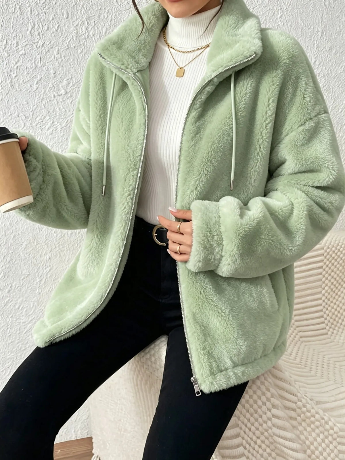 Women's Fuzzy Fleece Zip Up Jacket Loose Winter Plush Coat
