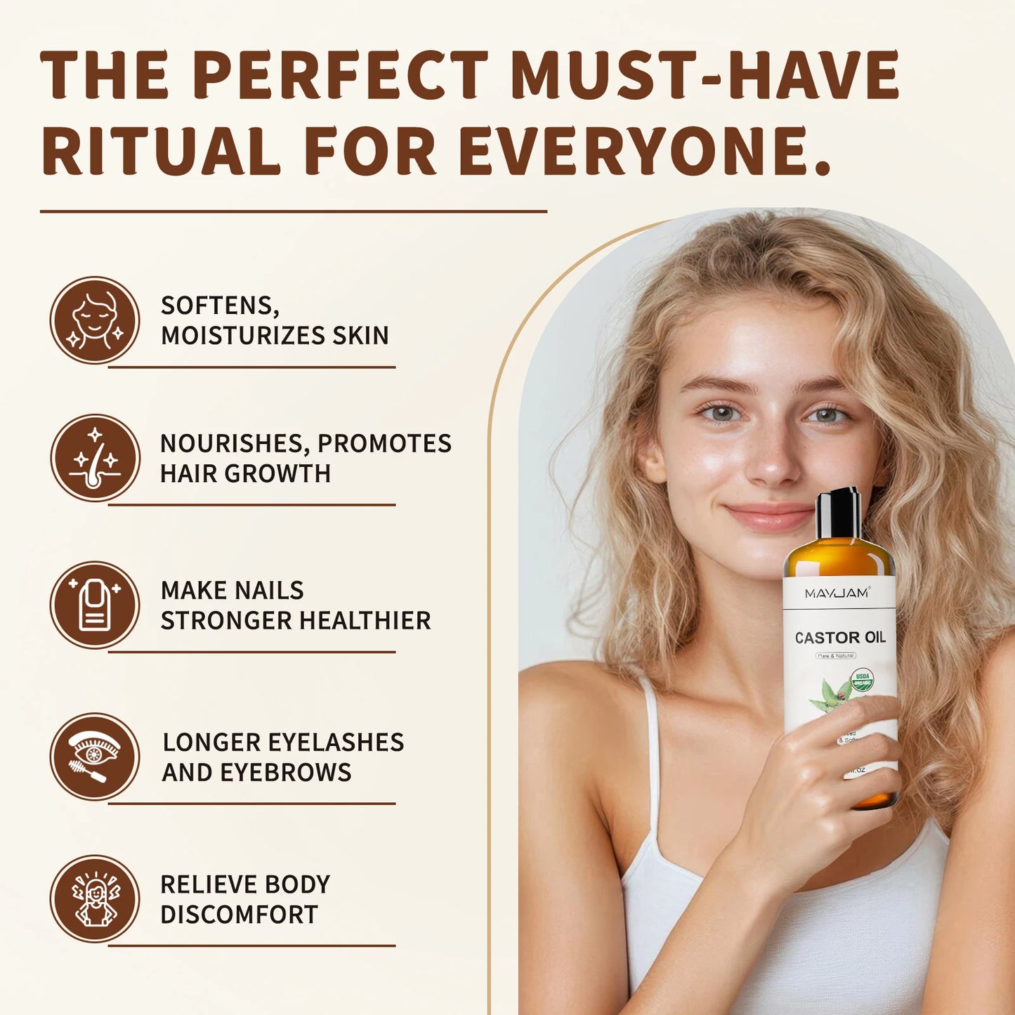 MAYJAM Organic Castor Oil Cold Pressed Carrier Oil For Skin, Hair, Eyelashes