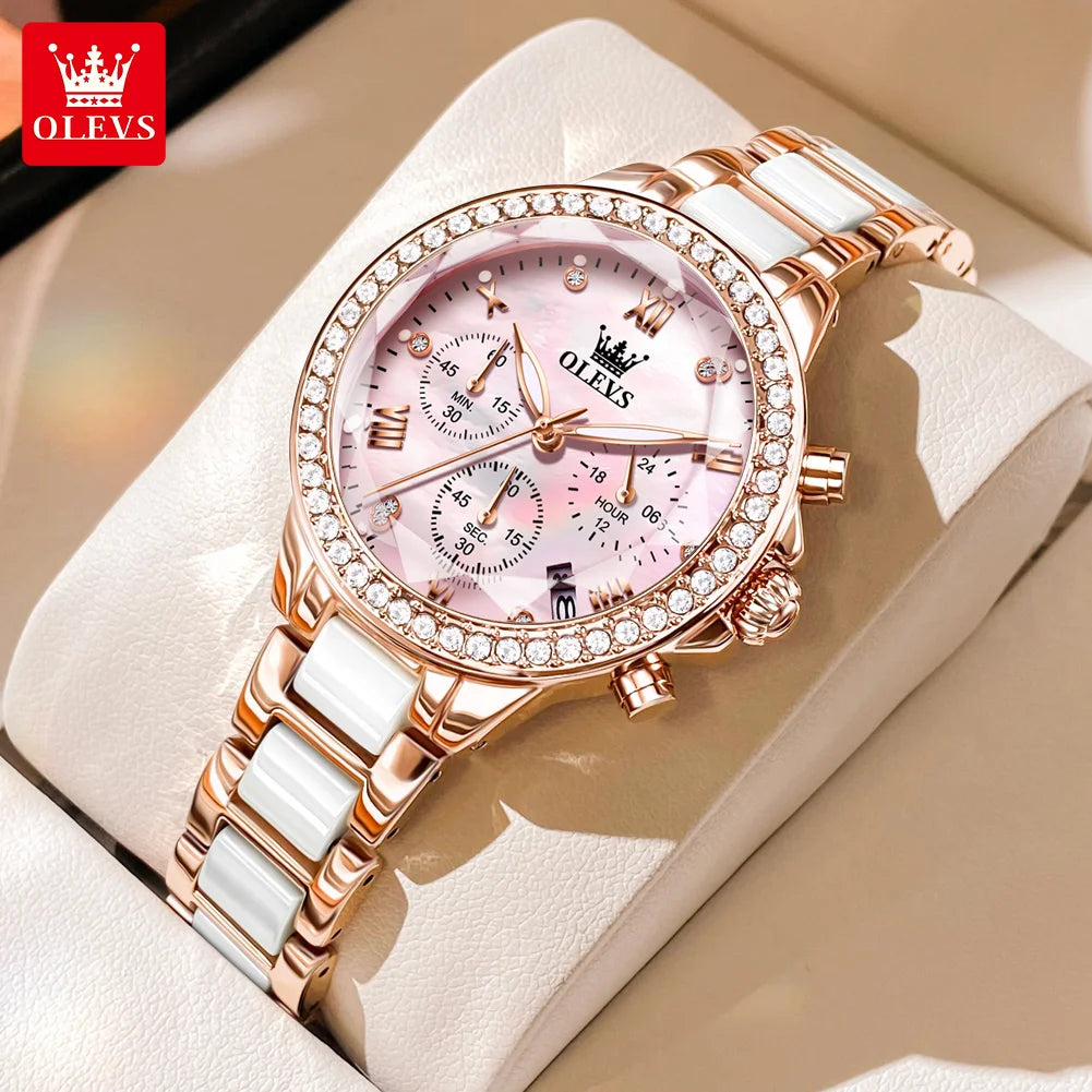 OLEVS Women Chronograph Ceramic Watch Waterproof Elegant Dress