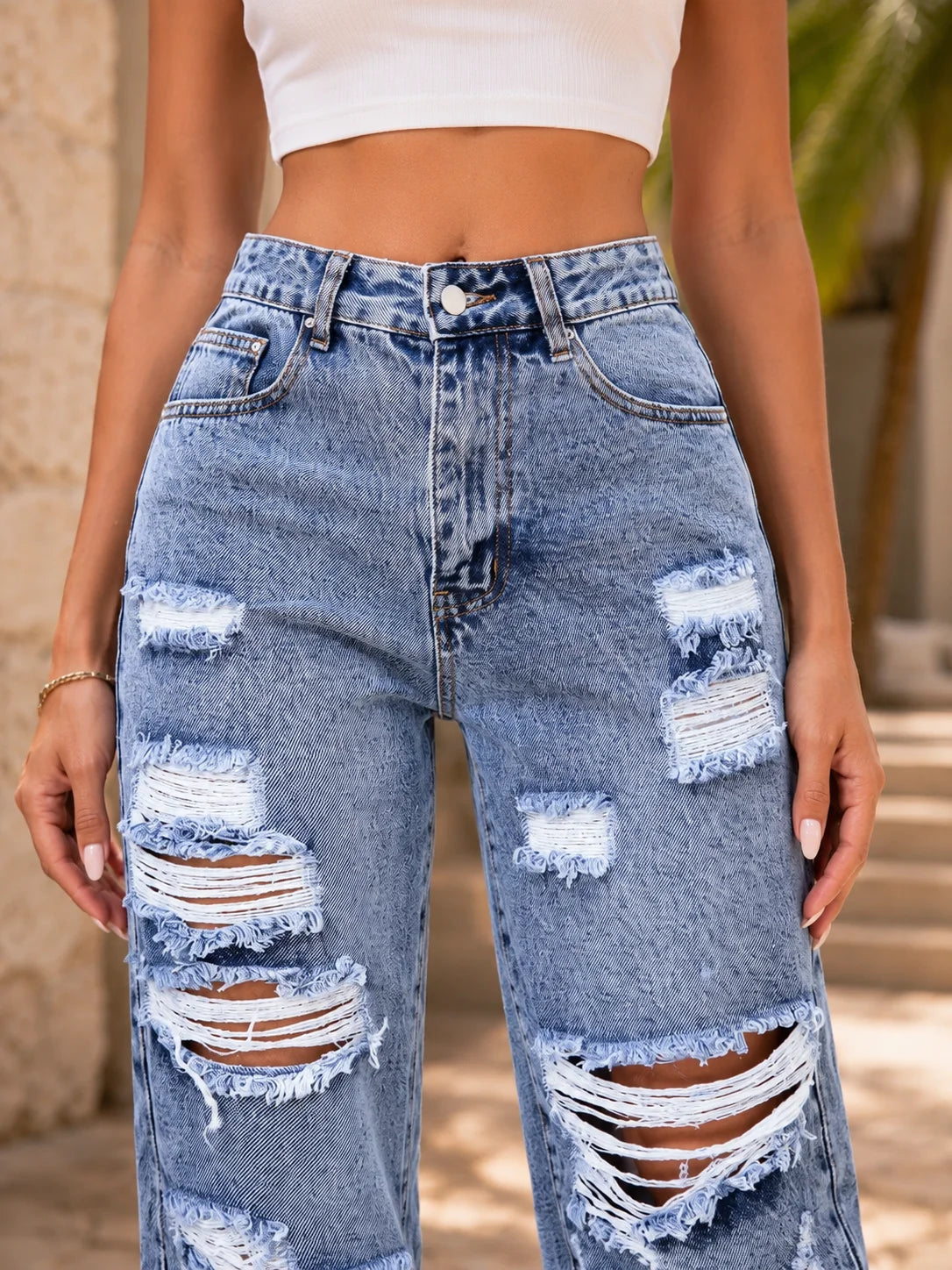 Women High Waist Straight Leg Jeans With Side Slit Pockets