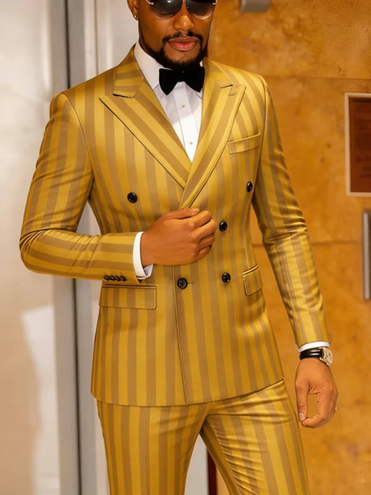 Men's Jacquard Two Piece Suit Set Slim Fit Double Breasted