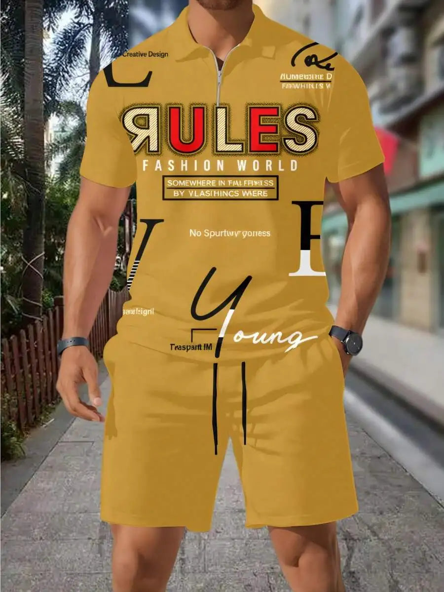 Mens Summer Casual Two Piece Zip Shirt And Shorts Set
