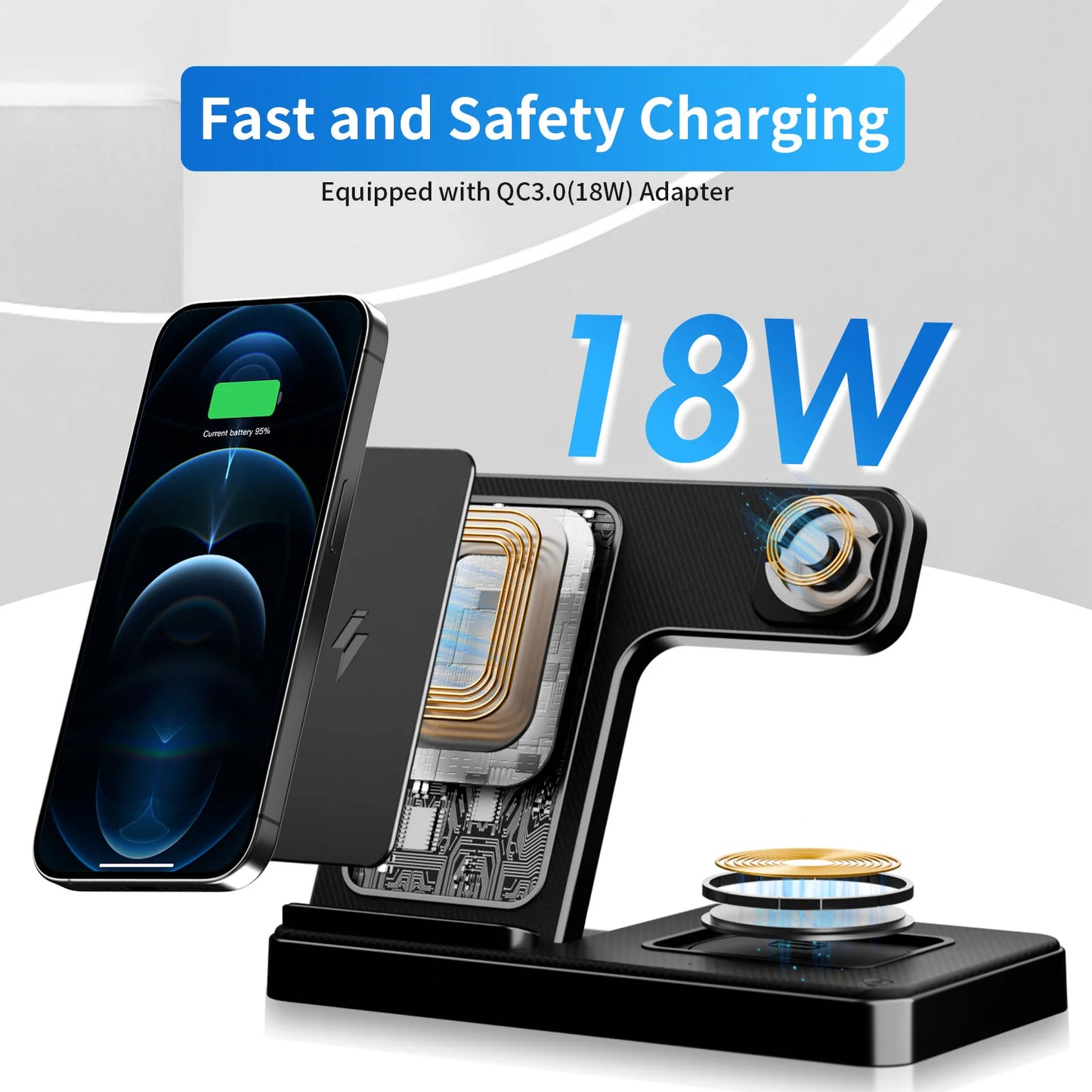 3 In 1 Wireless Charging Station Magnetic Fast Charging 18W Foldable For IPhone 16 15 14 13 12 Pro/Pro Max/Plus/Watch & Airpods