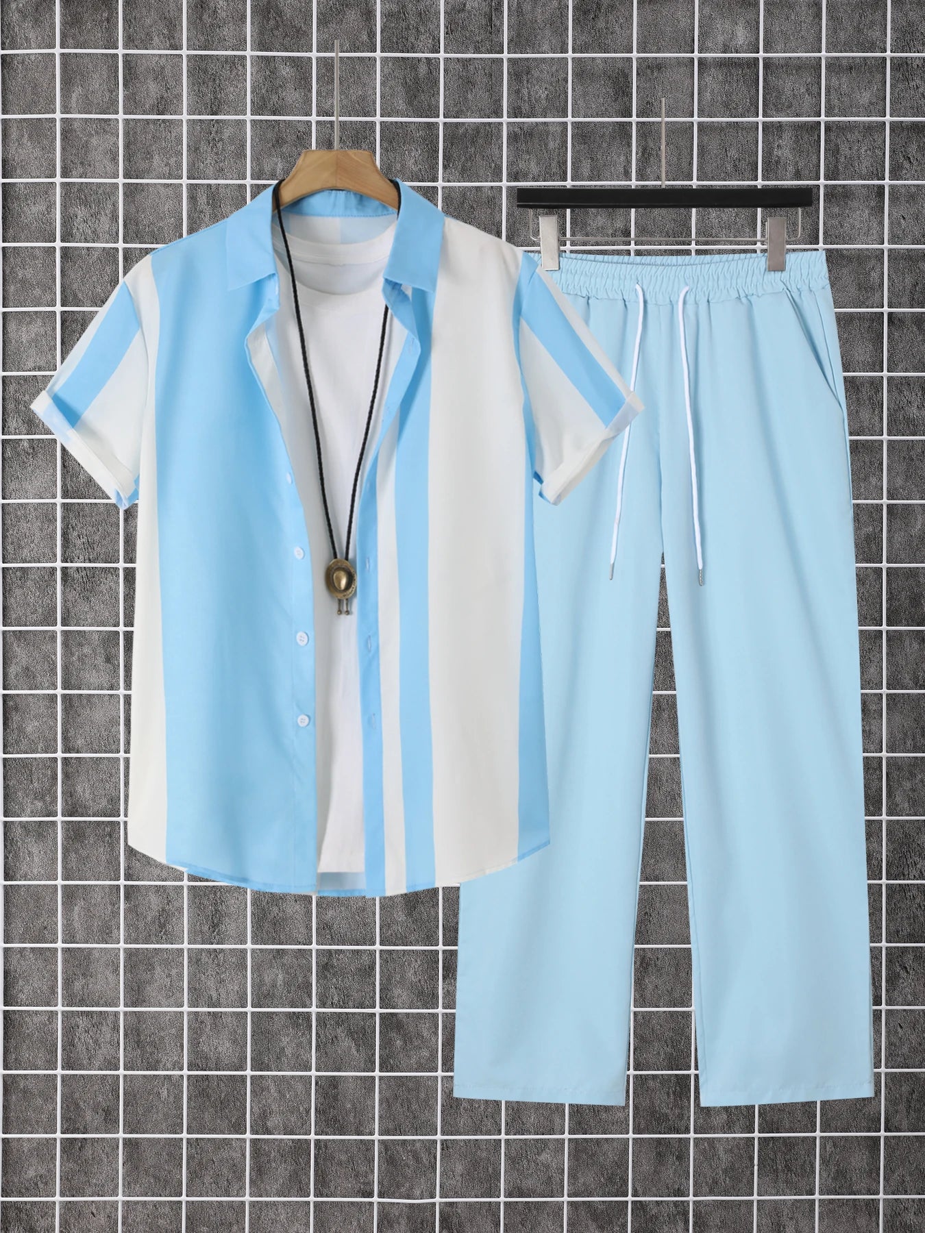 Men's Summer 2-Piece Printed Shirt and Pants Travel Set