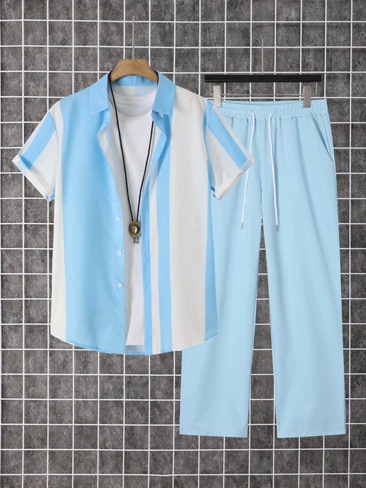 Men's Summer 2-Piece Printed Shirt and Pants Travel Set