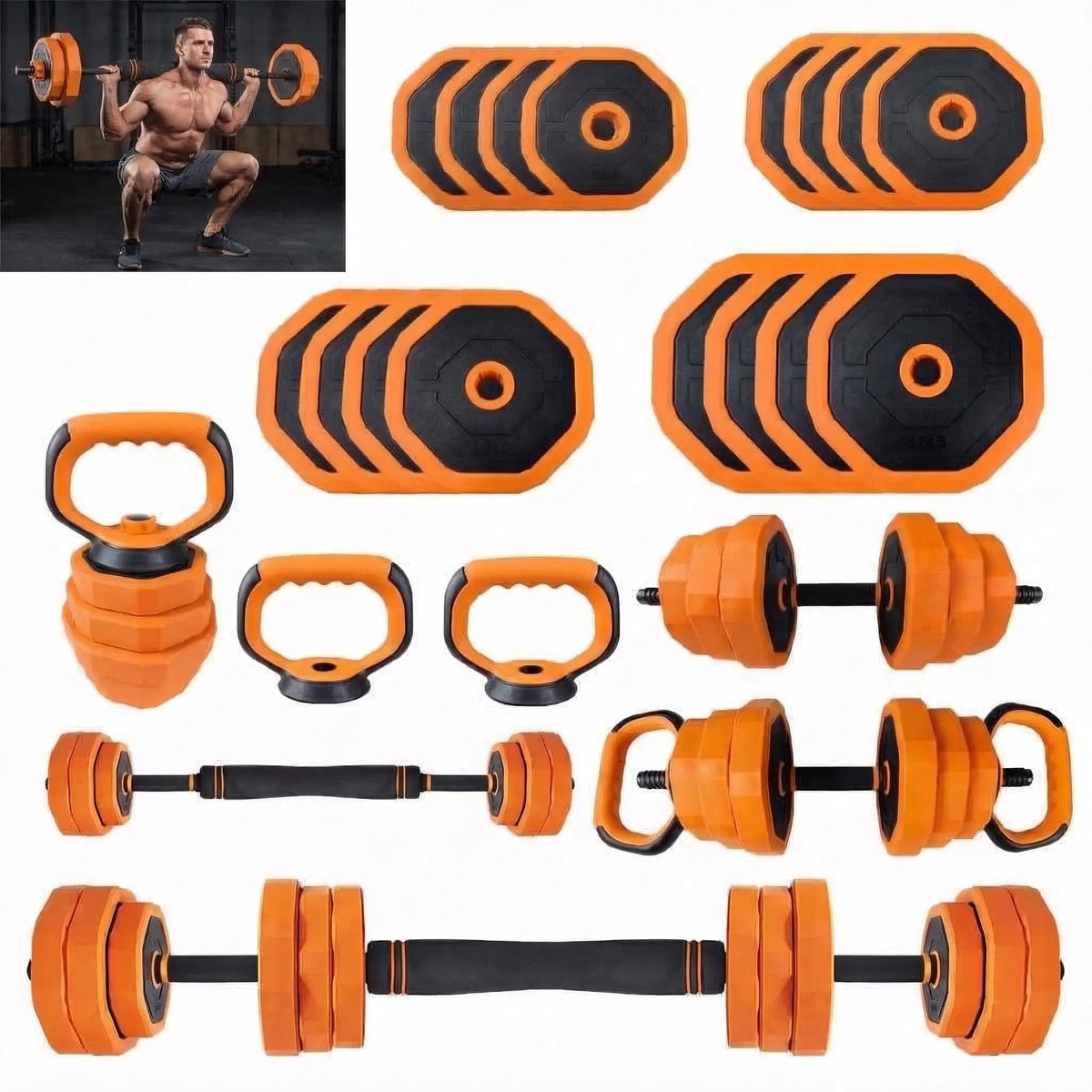 Adjustable Dumbbells 44lb Connector 4-In-1 Free Weight Barbell Kettlebell Set