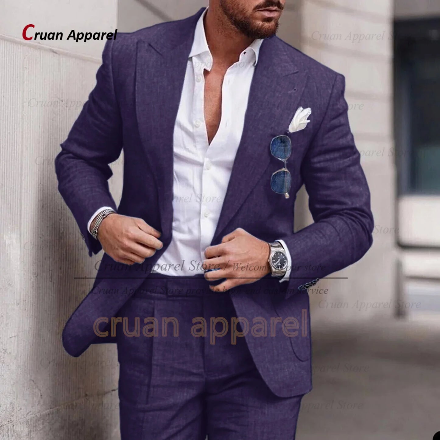 Men's Linen Suit Set With Peaked Lapel Blazer Pants