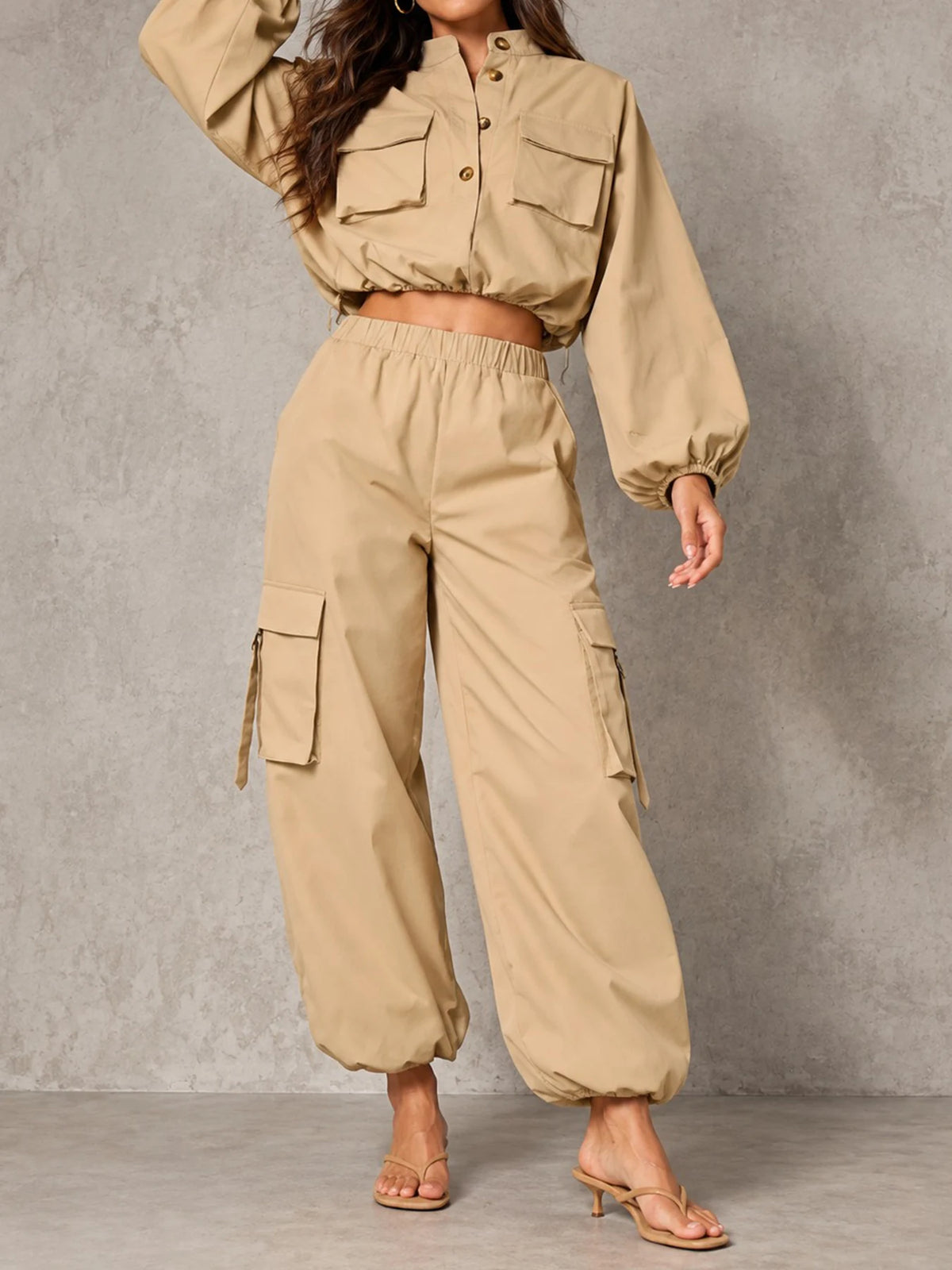Women's Long Sleeve Top And Cargo Jogger Pants Two Piece Set