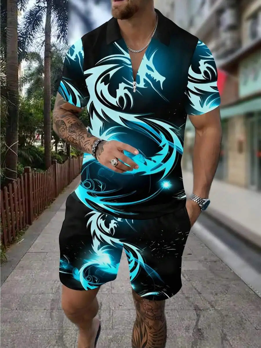 Men's Summer 3D Dragon Print Polo Shirt And Shorts Set
