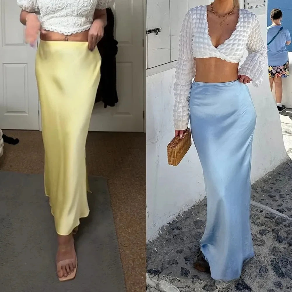 KONDALA Vintage Satin Skirt Women High Waist Elegant Silky