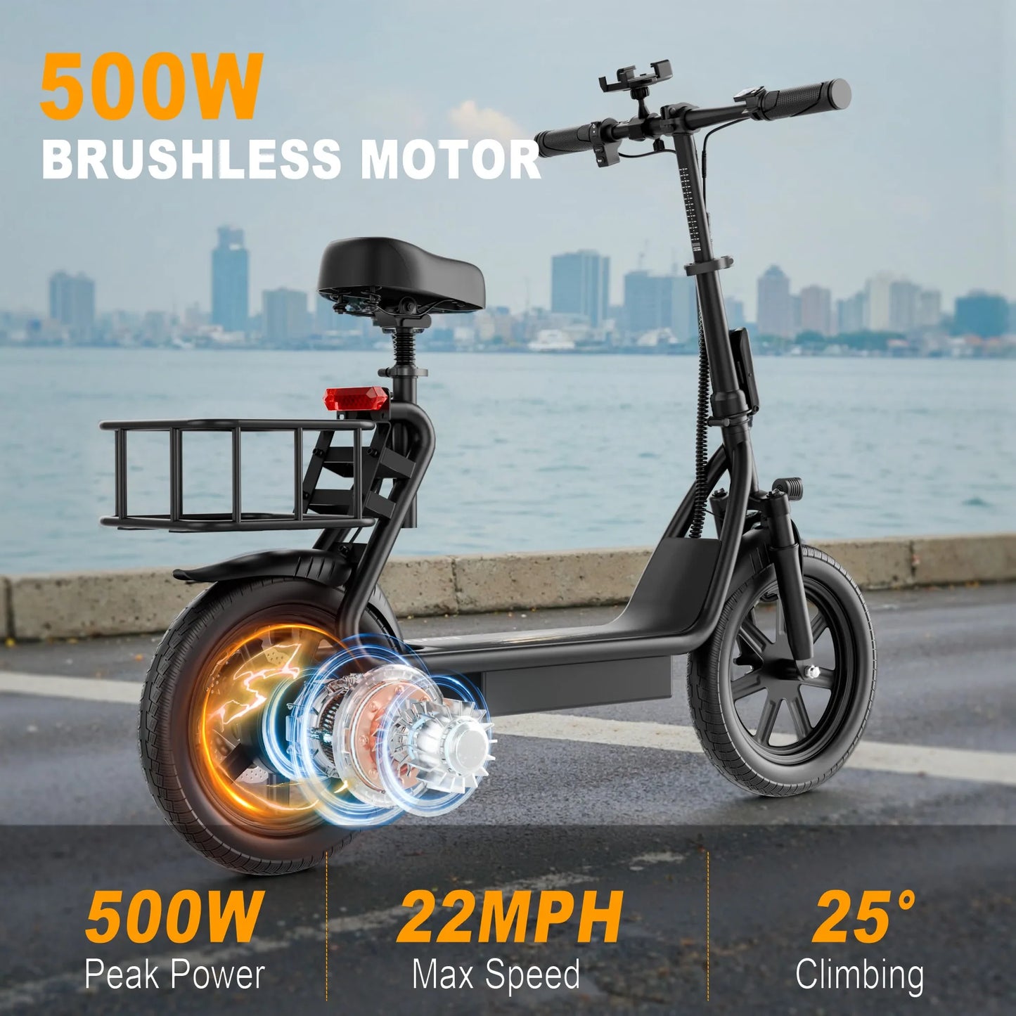 Electric Scooter With Seat For Adults 500W Motor 48V Battery Up To 28 Miles