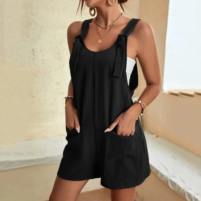 Women's Summer Jumpsuit Lace Up Wide Leg Romper With Pockets