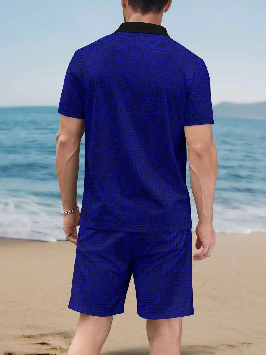 Men's Circuit Pattern Zippered Shirt and Drawstring Shorts Set
