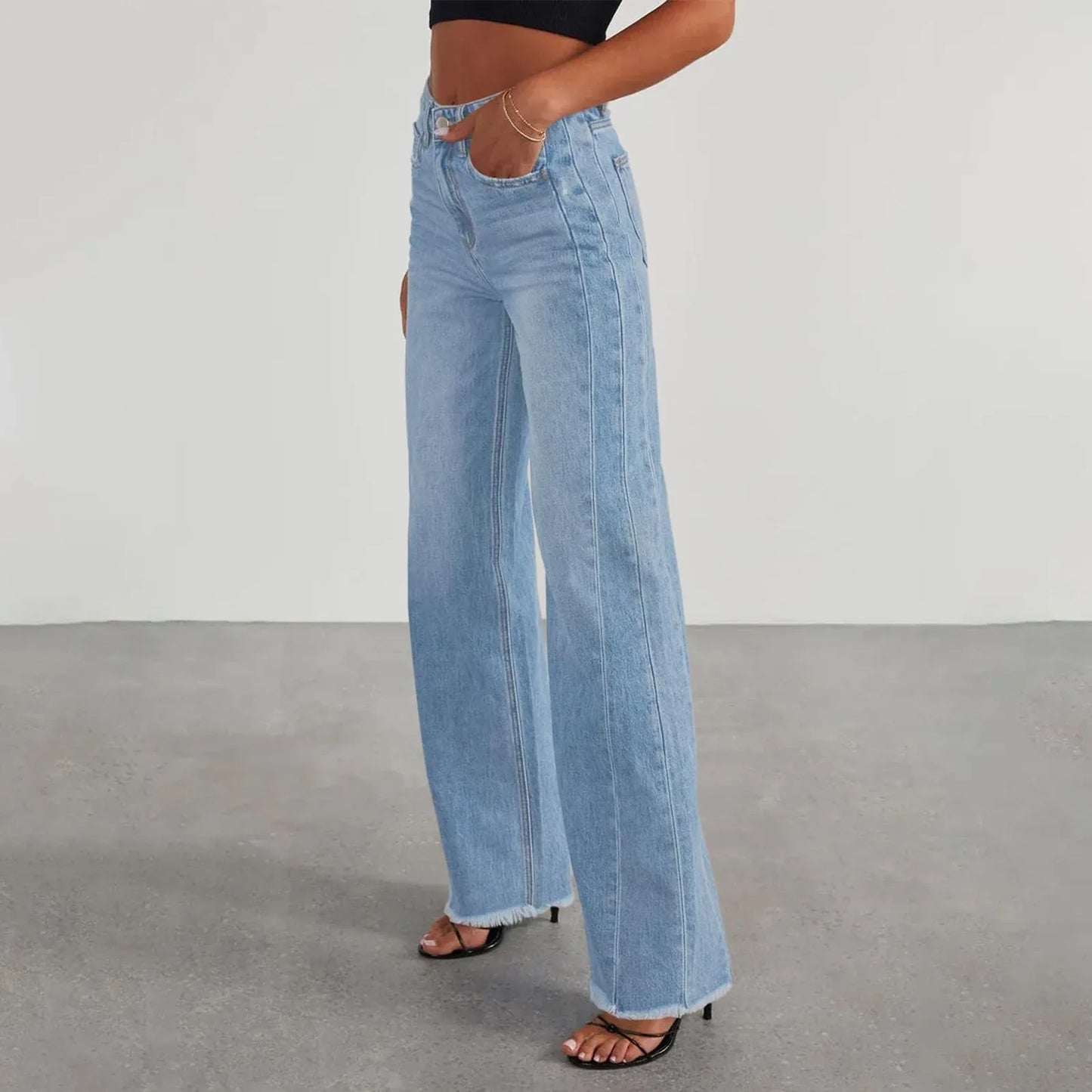Women Wide Leg Jeans High Waist Denim Trousers With Pockets