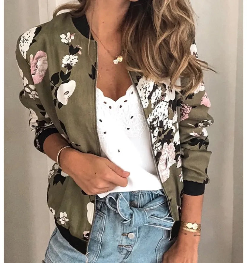 Women's Floral Zipper Bomber Jacket for Elegant Office Wear
